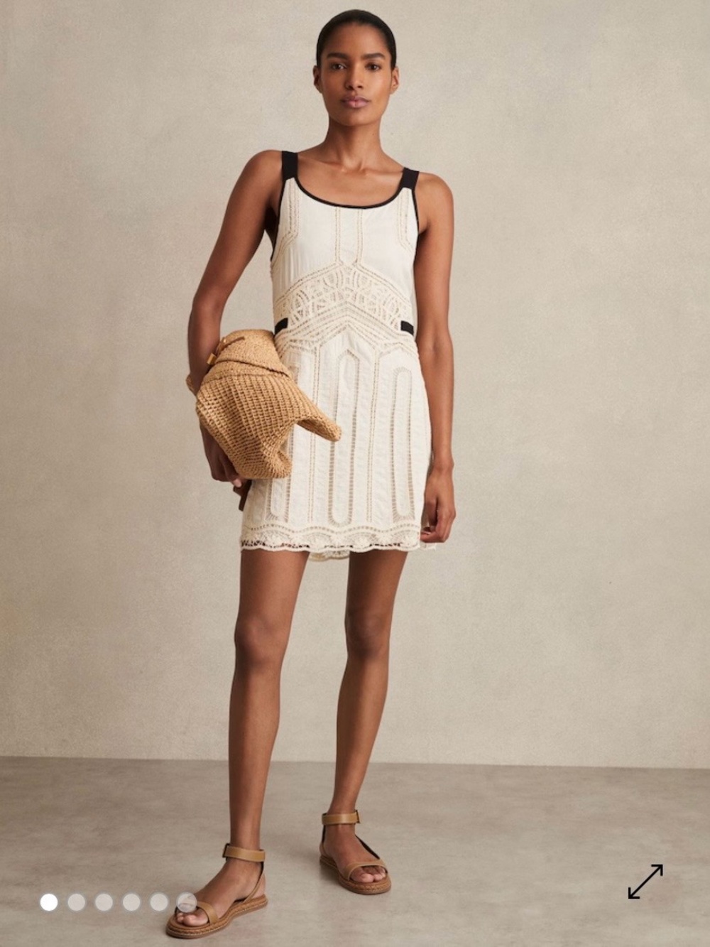 Reiss Sleeveless Cream Crochet Mini Dress with Black Trim